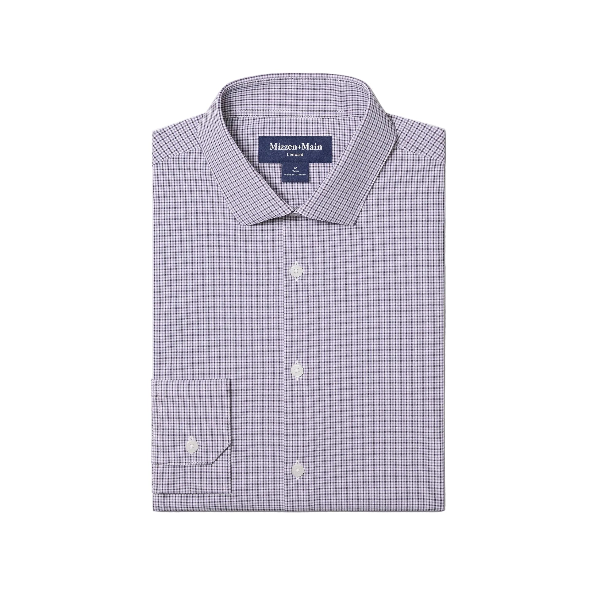 Folded Mizzen+Main Leeward Long Sleeve Dress Shirt (Trim Fit) in Purple Dusk Sam Plaid (soft lavender and navy plaid), men's lightweight performance button-down shirt with four-way stretch.
