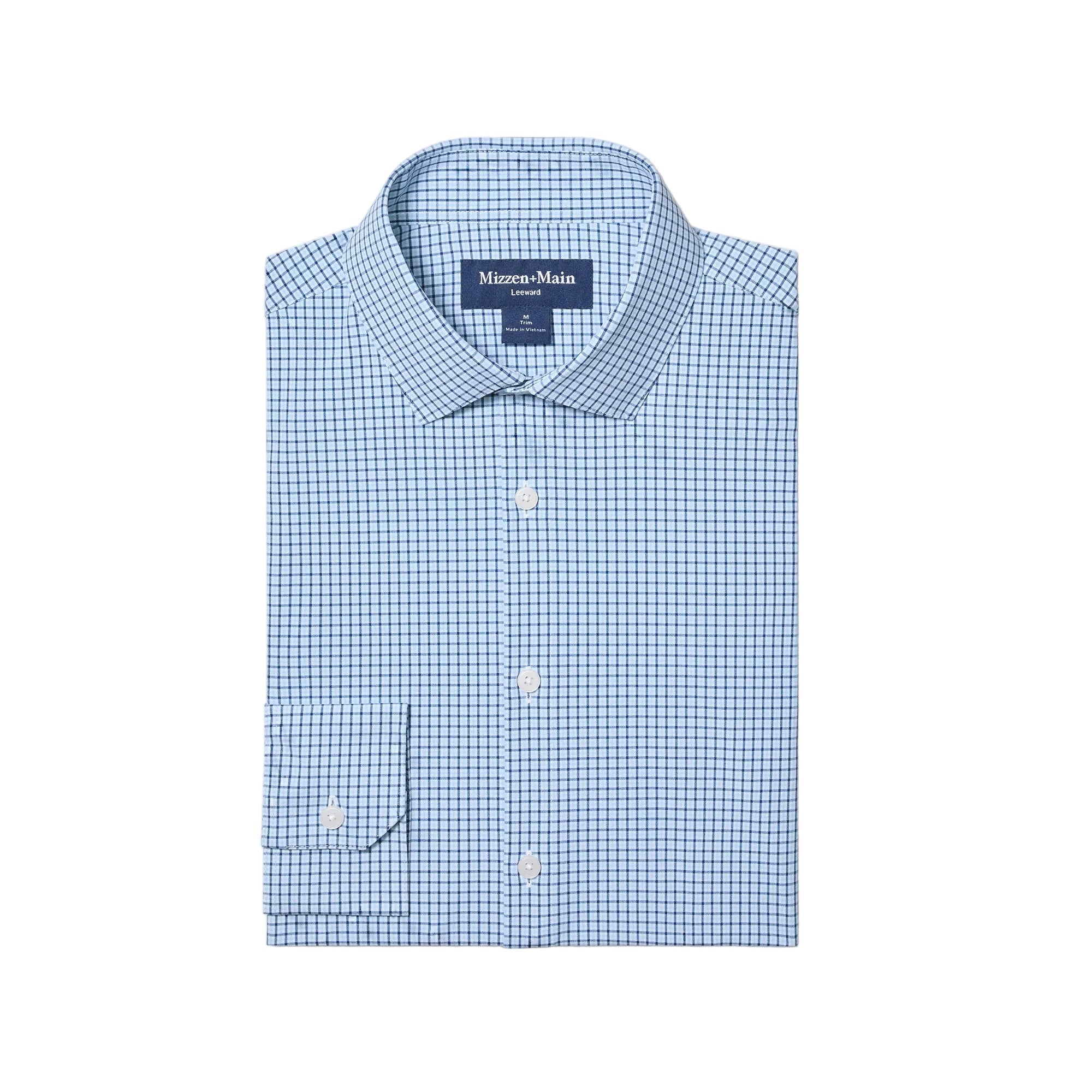 Folded Mizzen+Main Leeward Long Sleeve Dress Shirt (Trim Fit) in Midnight Navy Sam Plaid (dark navy and blue plaid), men's lightweight performance button-down shirt with four-way stretch.
