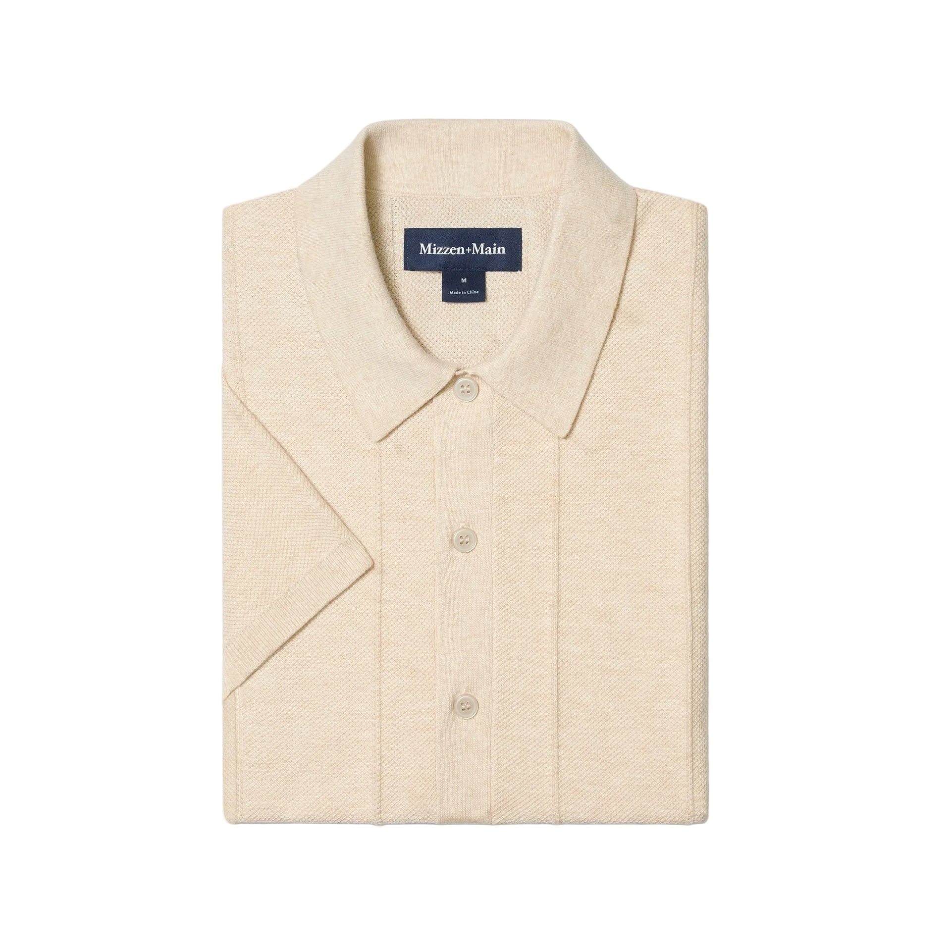Mizzen+Main Ashe Short Sleeve Polo Sweater (Trim Fit) in beige, a men's short-sleeve textured knit polo sweater with button-front styling and breathable COOLMAX® fabric.