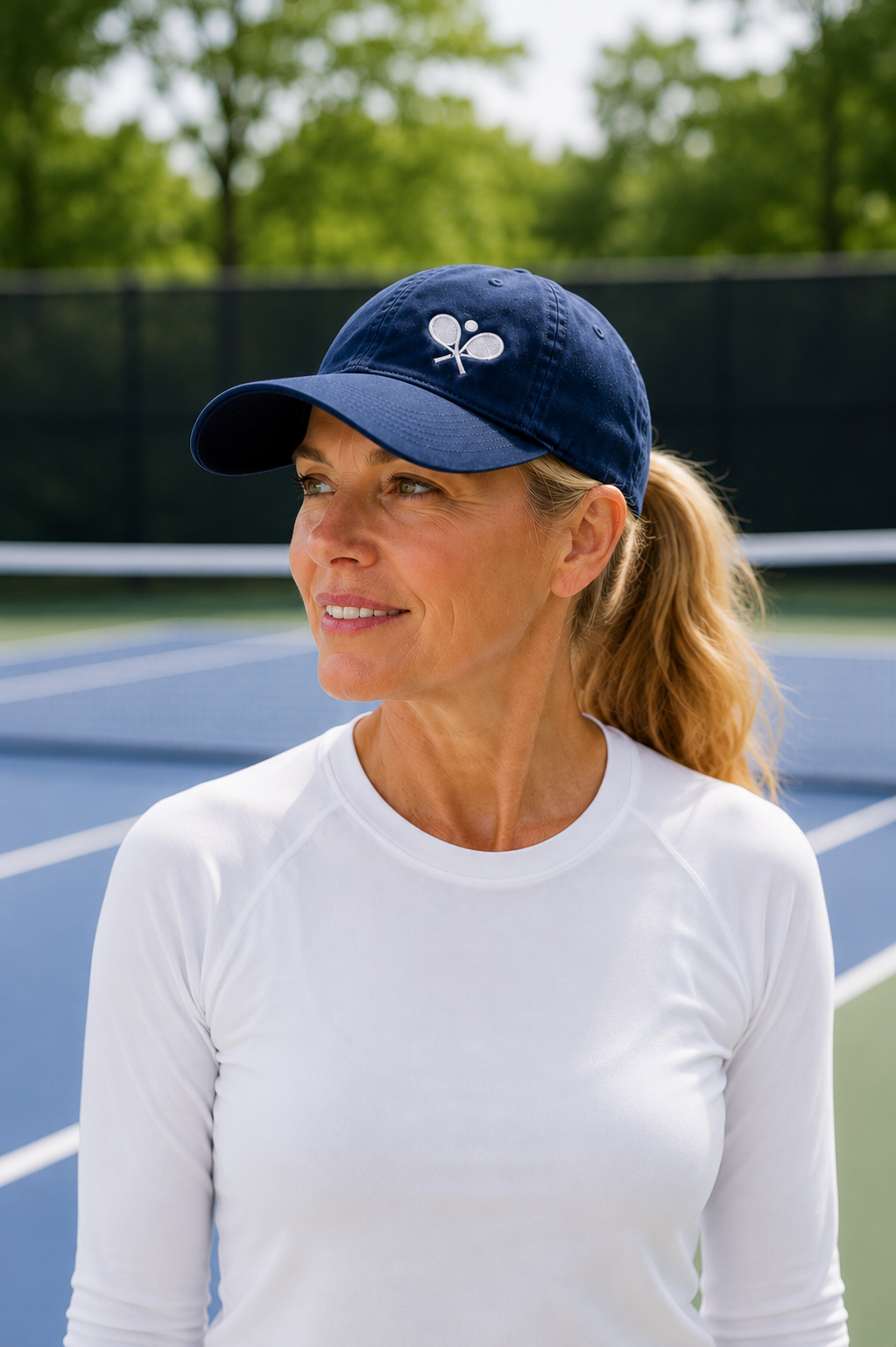 A woman on a tennis court wearing a navy blue baseball cap that has white intersecting tennis rackets and a ball,  and a white long-sleeve athletic shirt.