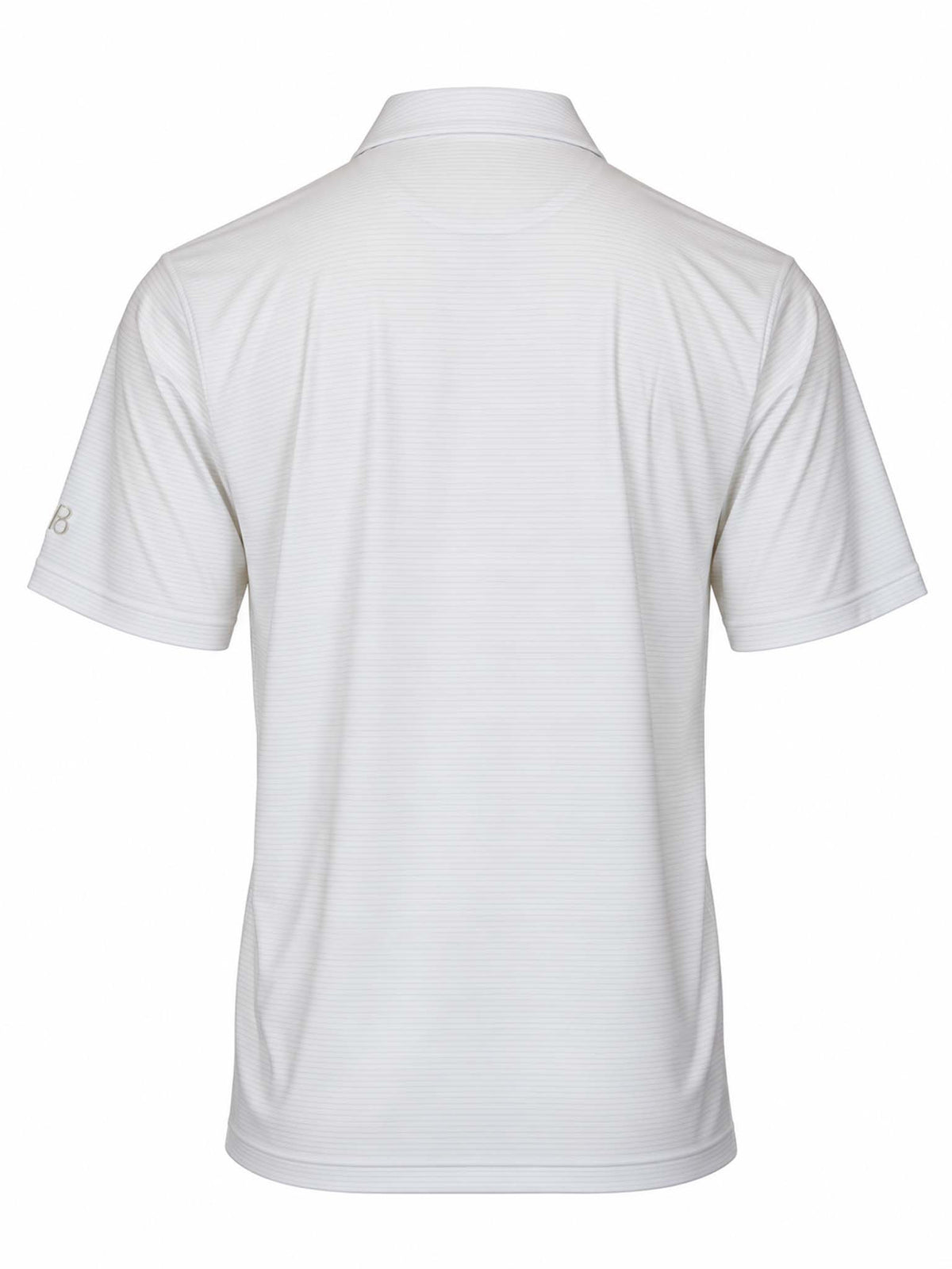 Back view of the Be Fit men's Owners Stripe Polo in White and Oat with embroidered Be Fit logo on left sleeve. 