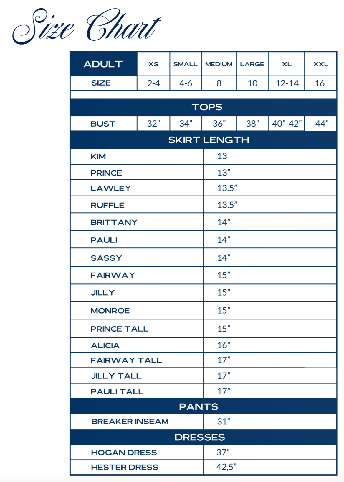 The Bubble women's apparel size chart with adult sizes XS through XXL, bust measurements, skirt lengths, pant inseams, and dress lengths. 