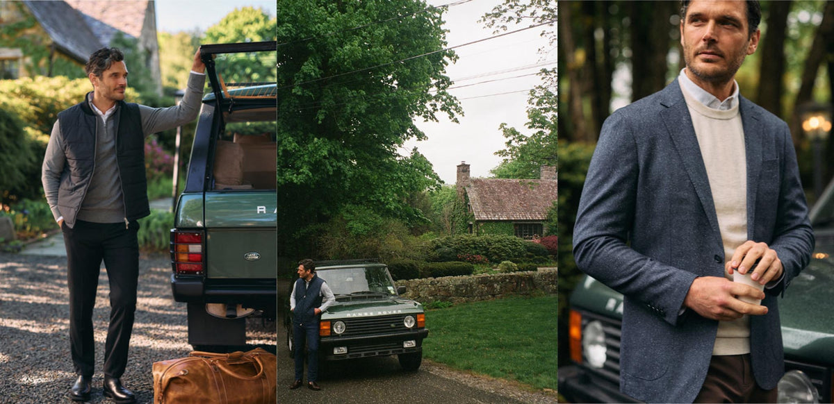Three-photo collage of Mizzen+Main men's layered outfits, featuring a dark quilted vest with a gray sweater and a blue blazer over a cream sweater.