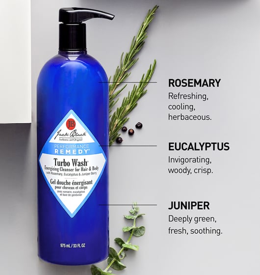 Jack Black Turbo Wash with rosemary, eucalyptus and juniper scent notes highlighted.