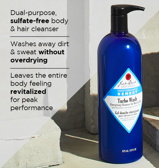 Jack Black Turbo Wash with text highlighting its sulfate-free, dual-purpose formula that cleanses hair and body without overdrying.
