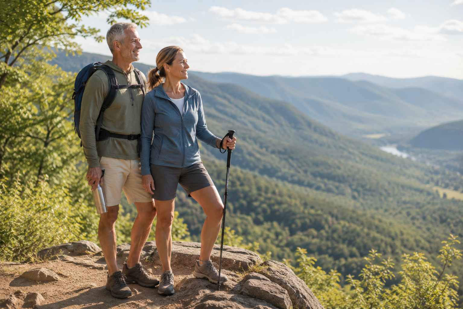 Couple hiking together and taking in mountain views from a scenic overlook. 