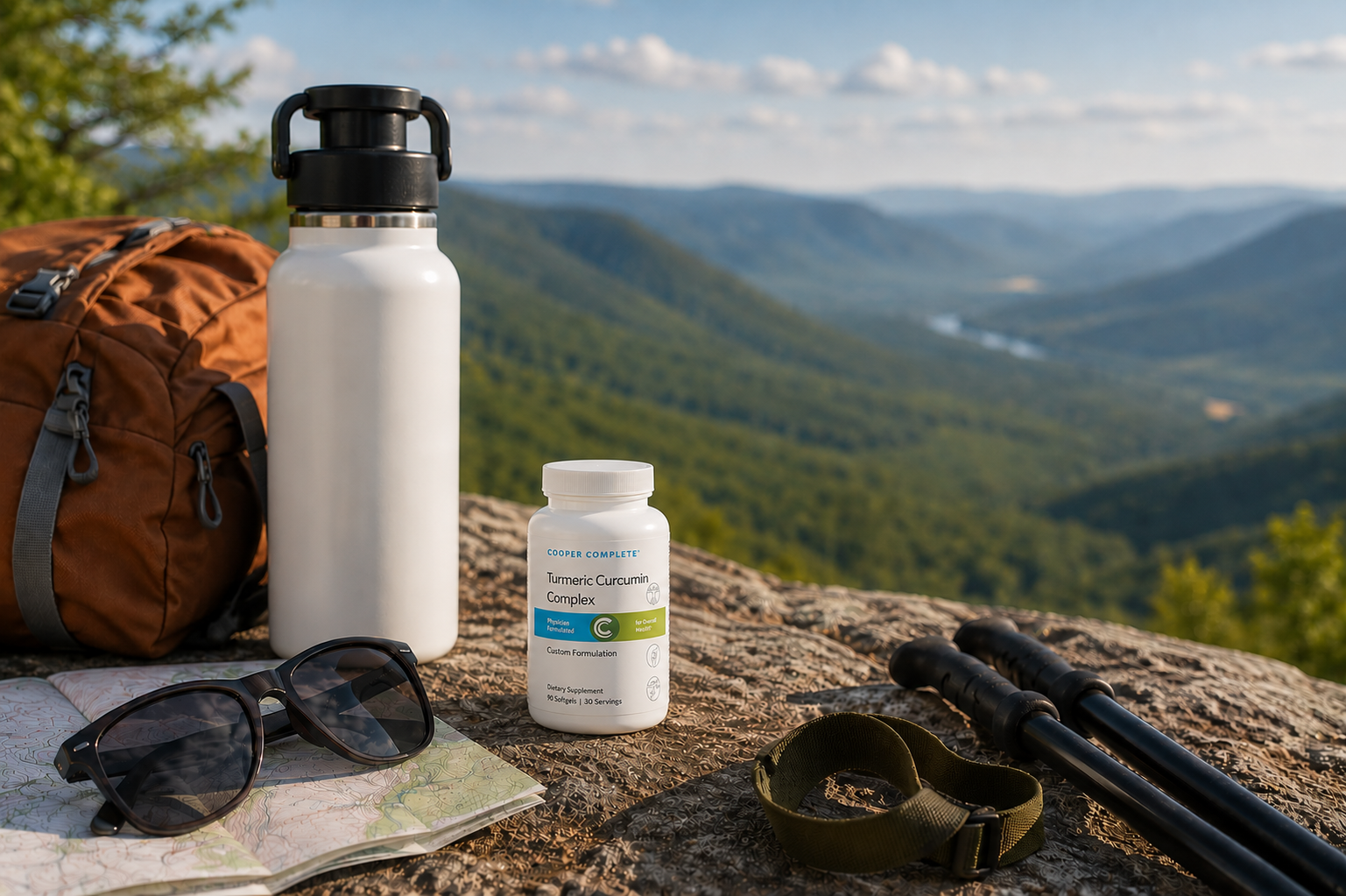 A bottle of Cooper Complete Turmeric Curcumin Complex beside a water bottle, hiking backpack, map, sunglasses, and trekking poles at a scenic mountain overlook.