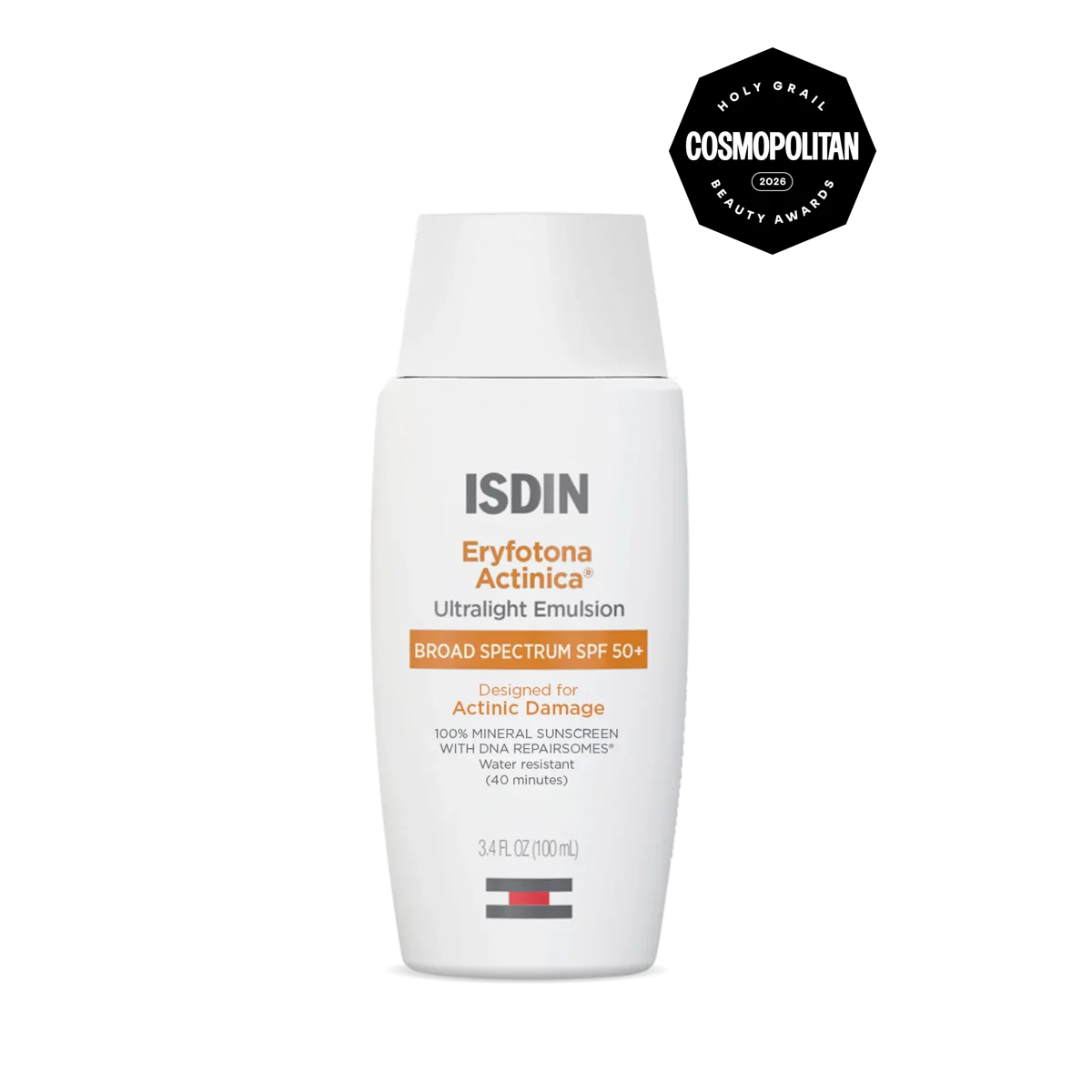 A white bottle of ISDIN Eryfotona Actinica Ultralight Emulsion with broad spectrum SPF 50 mineral sunscreen, designed for actinic damage with DNA Repairsomes, 3.4 fl oz.