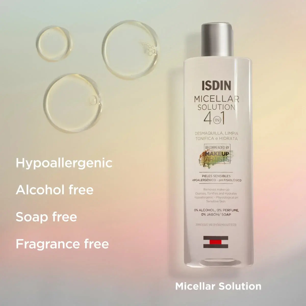 Bottle of hypoallergenic, alcohol free, soap free, and fragrance free ISDIN Micellar Solution against a pastel gradient background. 