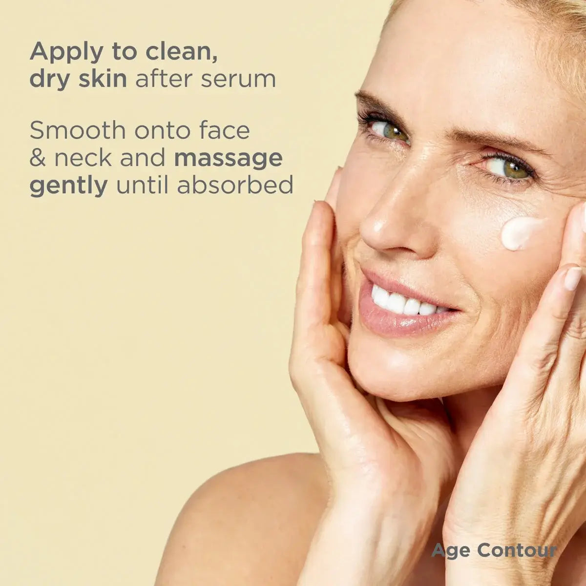 Smiling, middle-aged woman demonstrating ISDINCEUTICS Age Contour application by applying to Clea, dry skin after serum and smoothing onto face and neck, massaging gently until absorbed. 