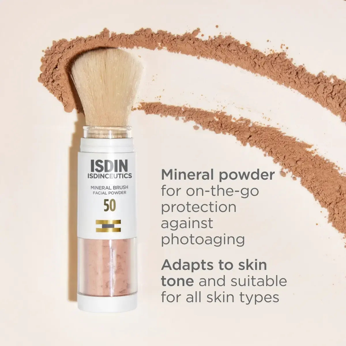ISDIN Mineral Brush facial powder SPF 50 for on-the-go protection against photoaging and adaption to skin tone to be suitable for all skin types. 