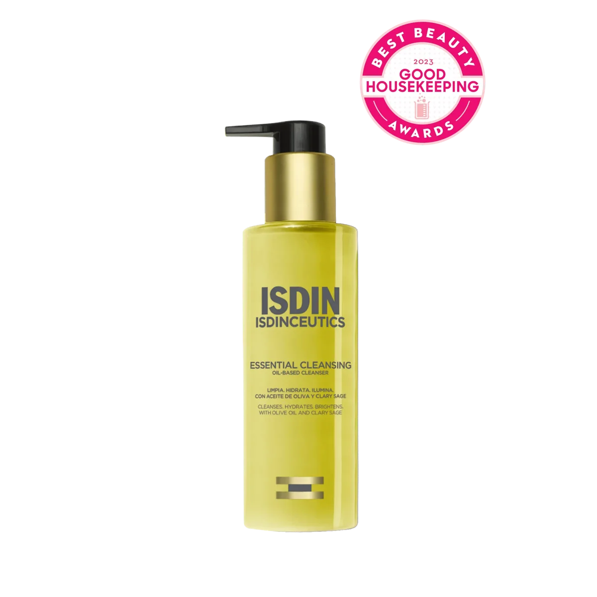 A yellow pump bottle of ISDIN ISDINCEUTICS Essential Cleansing Oil-Based Cleanser to clean, hydrate, and brighten with olive oil and clary sage.