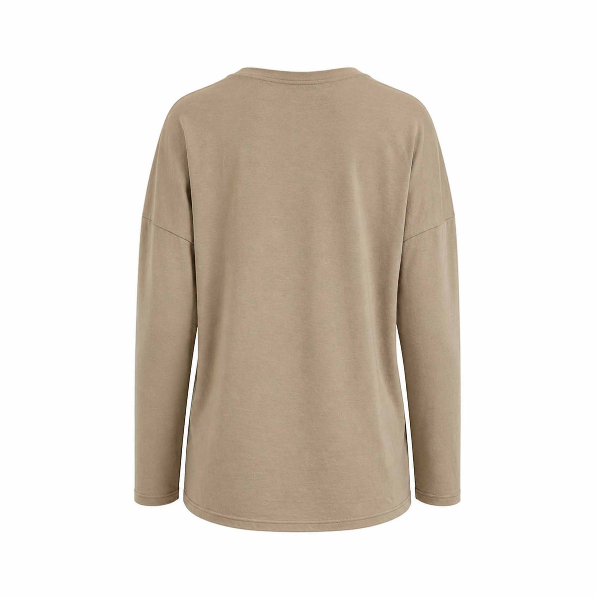 Back view of Be Fit women's V-Neck Drop Shoulder Long Sleeve Tee in Camel on a white background.
