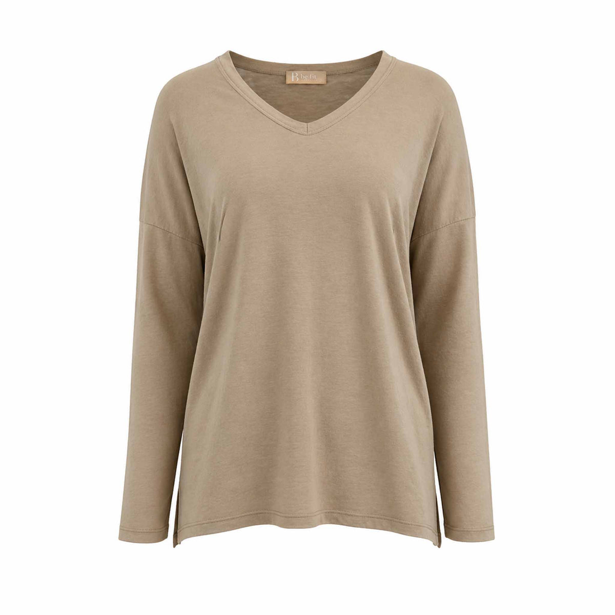 Front view of Be Fit women's V-Neck Drop Shoulder Long Sleeve Tee in Camel on a white background.