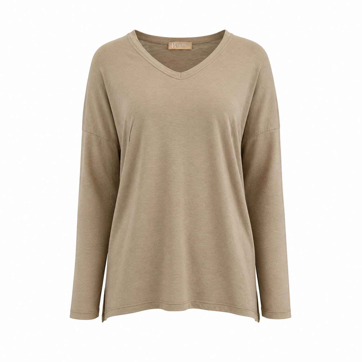 Be Fit V-Neck Drop Shoulder Long Sleeve Tee in Camel on a white background.