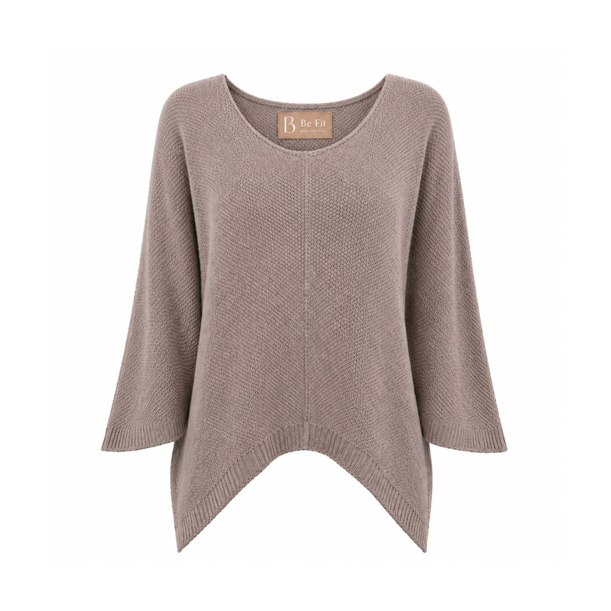 Be Fit V-Neck Front Seam Dolman Sleeve Knit Sweater in Mocha on a white background.