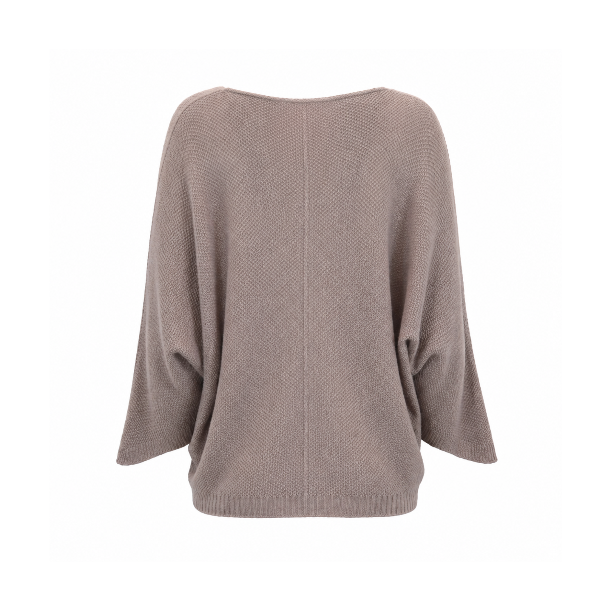 Be Fit V-Neck Front Seam Dolman Sleeve Knit Sweater in Mocha on a white background, back view.