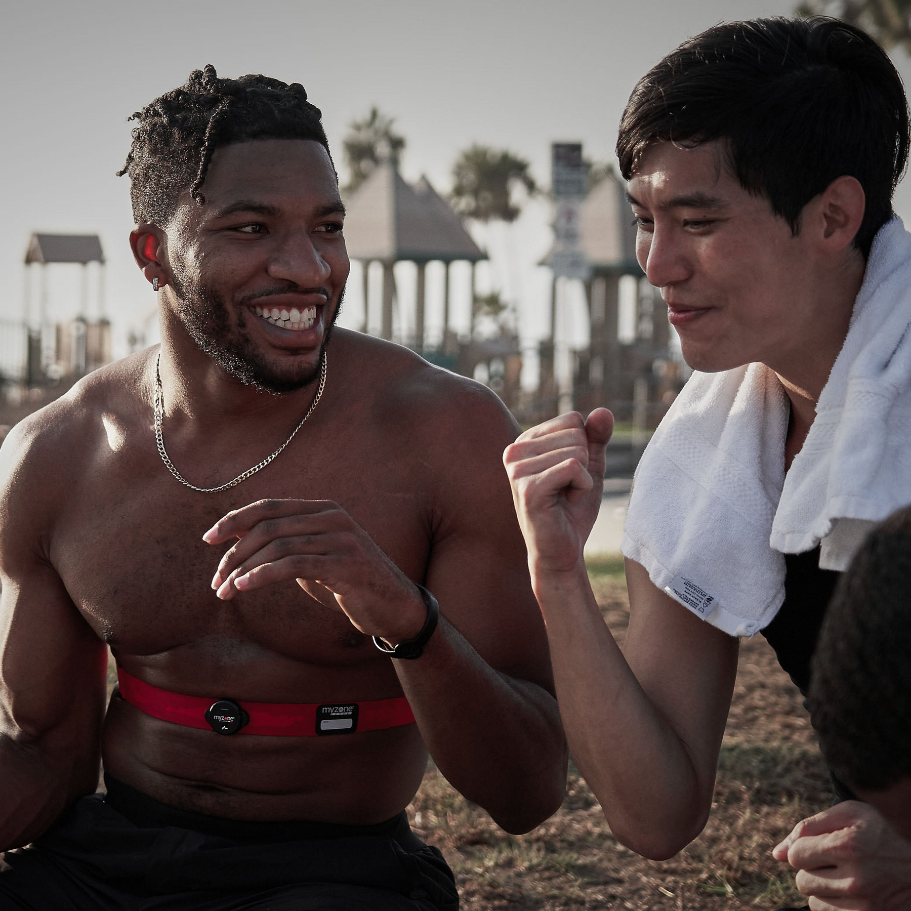 Man wearing his MYZONE MZ-3 heart rate monitor outdoors.