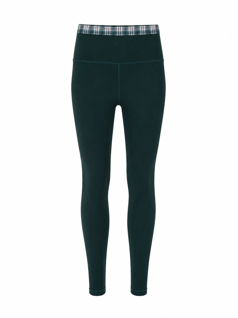Front view of the Be Fit x Glee Botanic Green Verdant Leggings with a high-rise double waistband and plaid trim.