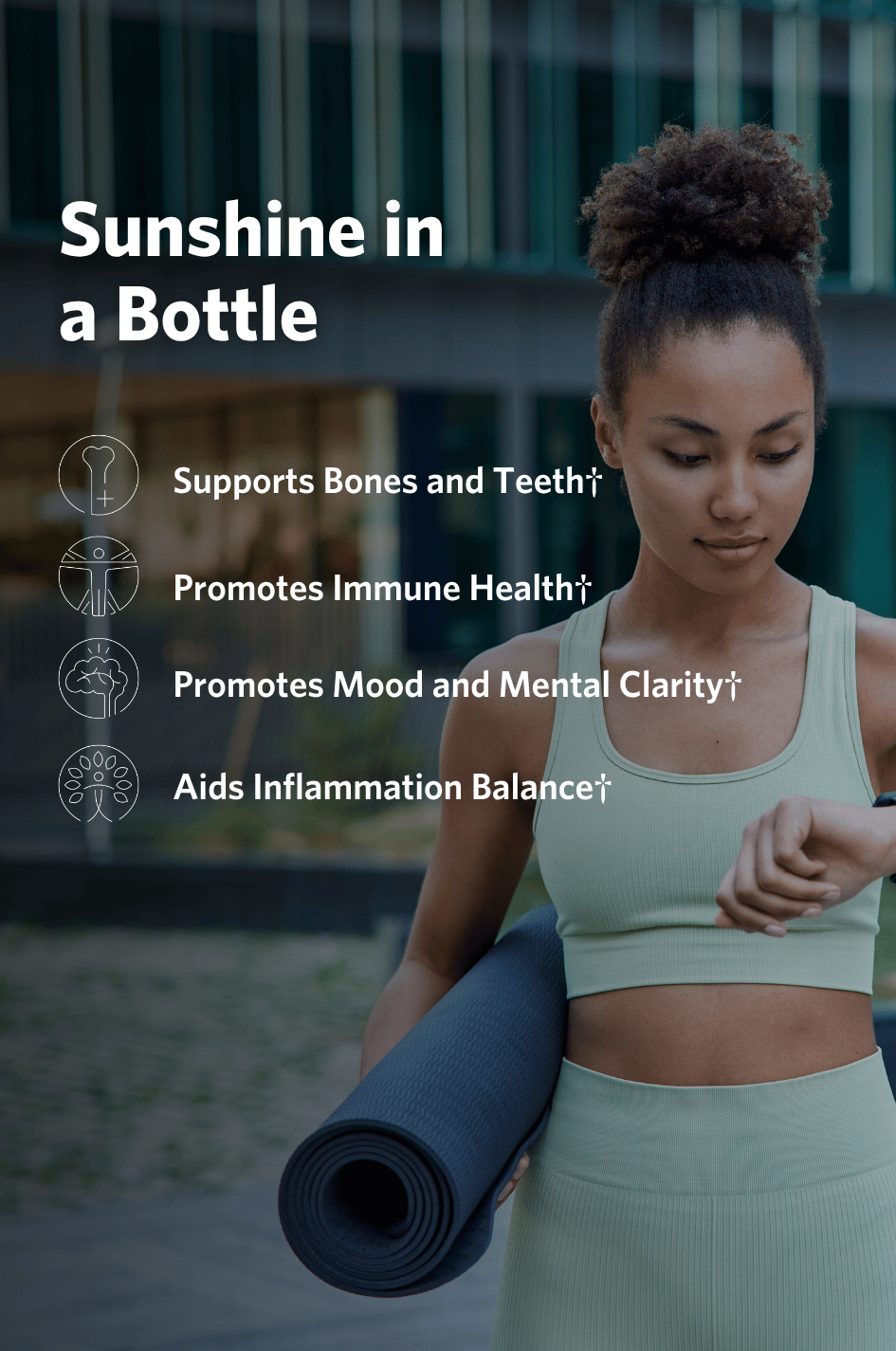 Woman in athletic wear holding a yoga mat with text about the benefits of Cooper Complete Vitamin D3 125 mcg (5000 IU) supplement, set against a blurred outdoor background.