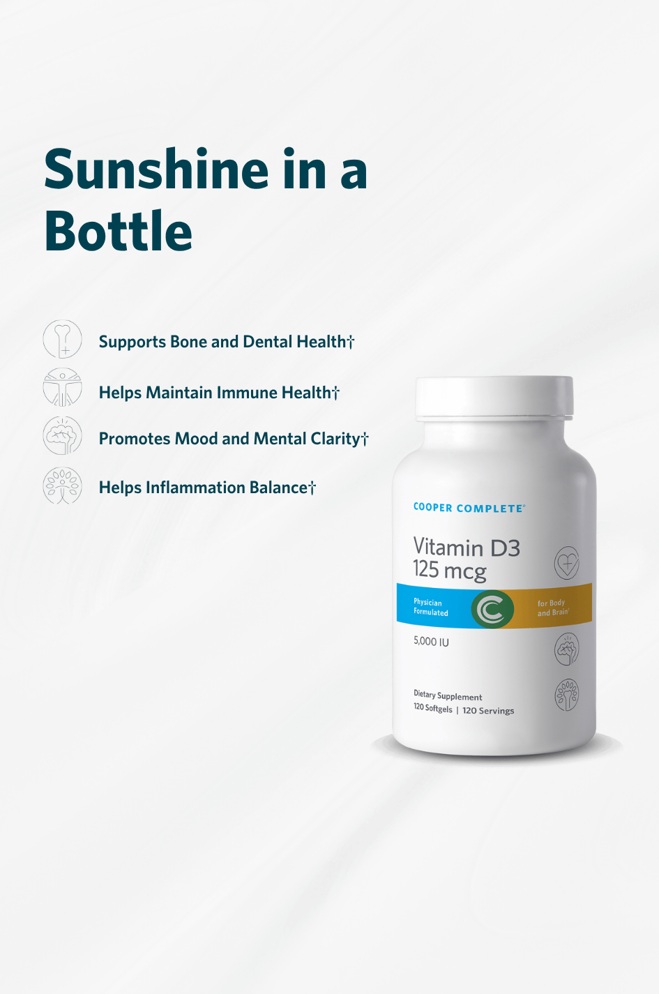 Cooper Complete Vitamin D3 125 mcg (5000 IU) supplement bottle with key product benefits.