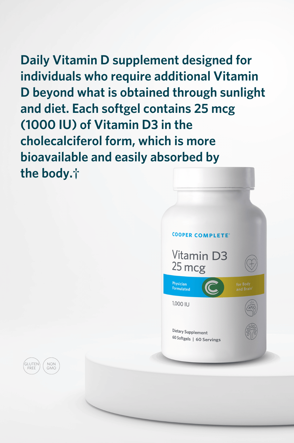 Cooper Complete Vitamin D3 25 mcg (1000 IU) Supplement container on a white background with text about vitamin D benefits.