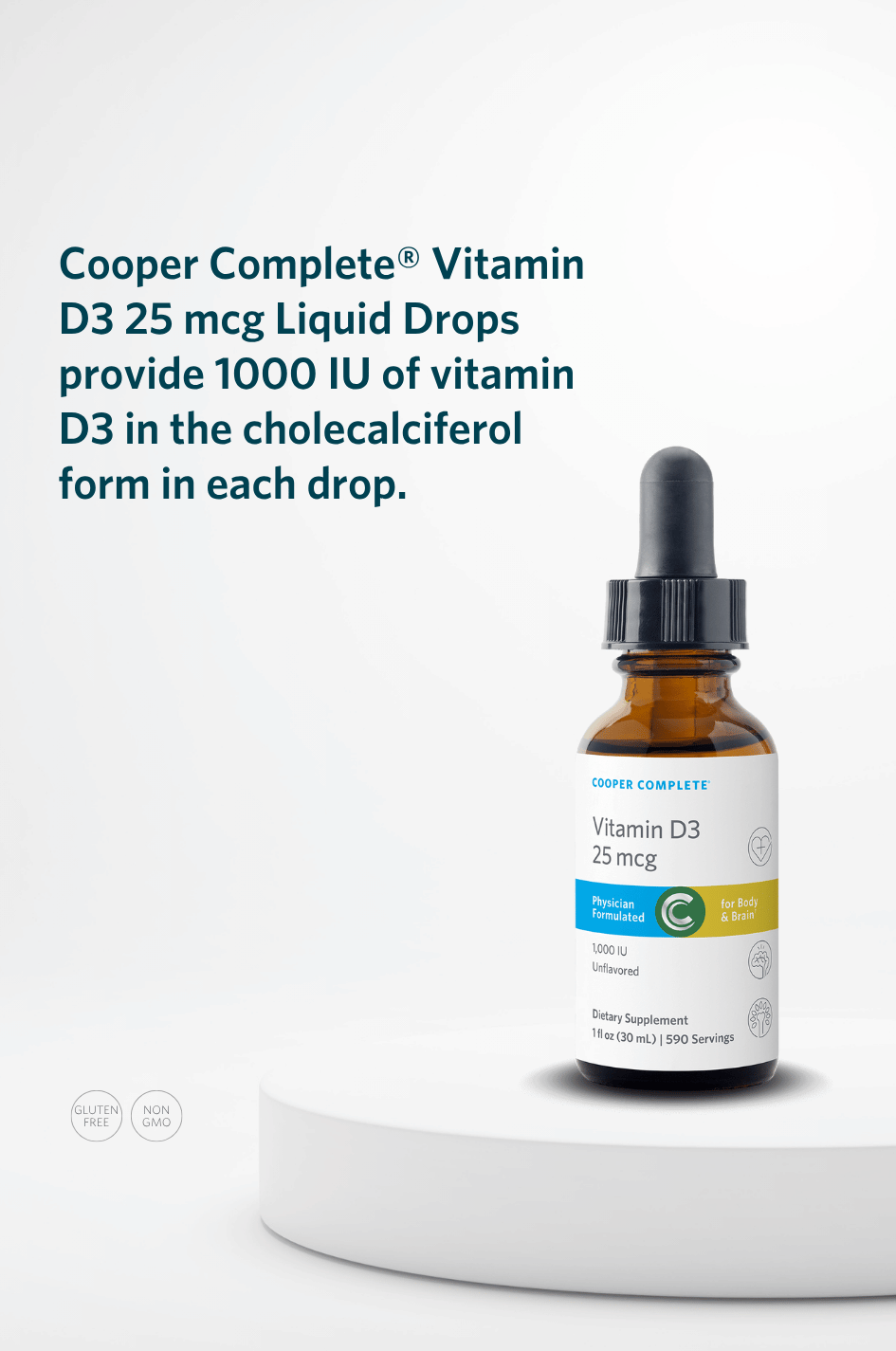 Cooper Complete Vitamin D3 Liquid Drops 25 mcg (1000 IU) on a white background with text about vitamin content.