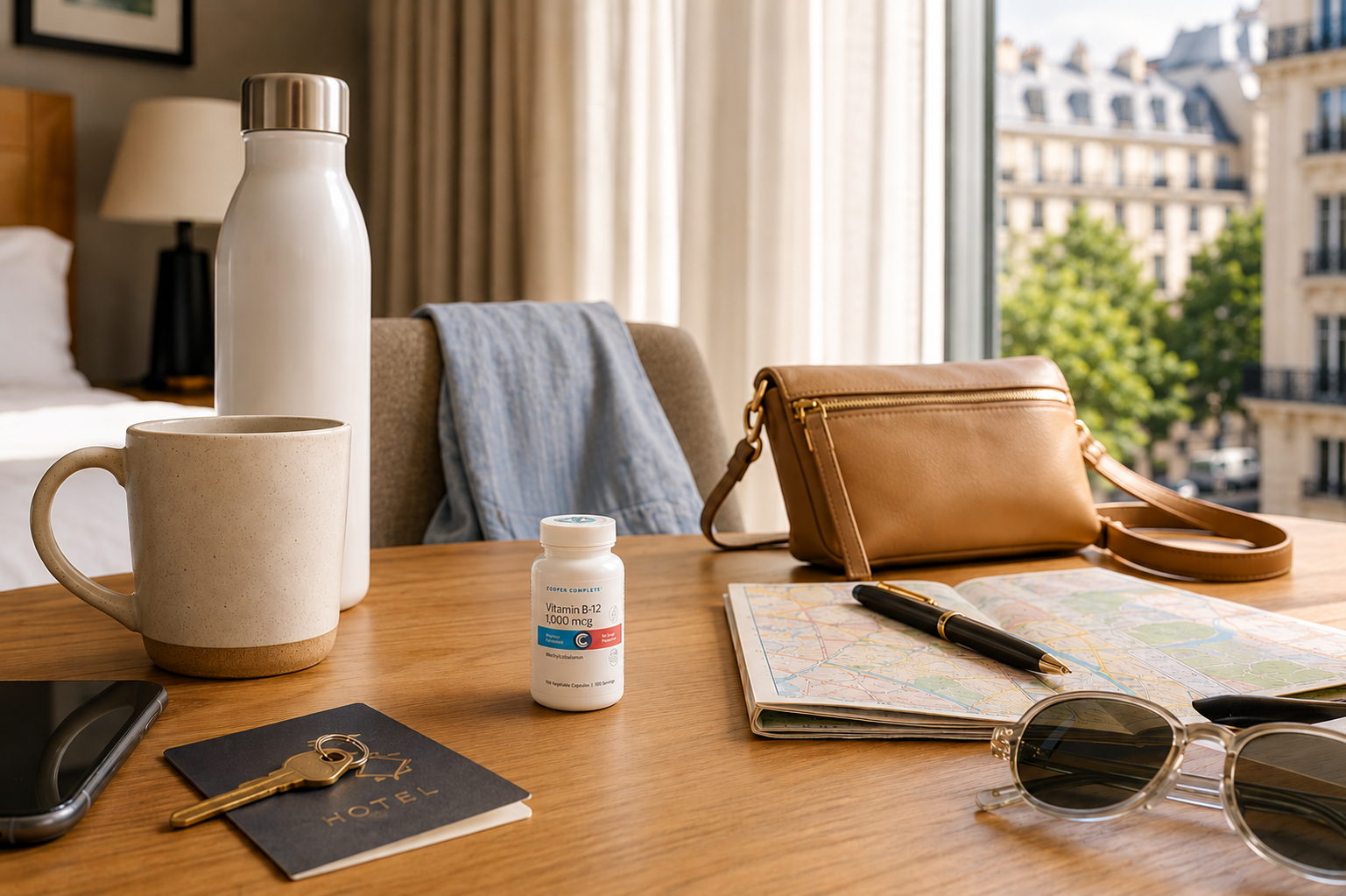 A bottle of Cooper Compete Vitamin B12 Methylcobalamin on a hotel room table with travel essentials, supporting energy, nervous system health, and daily wellness.