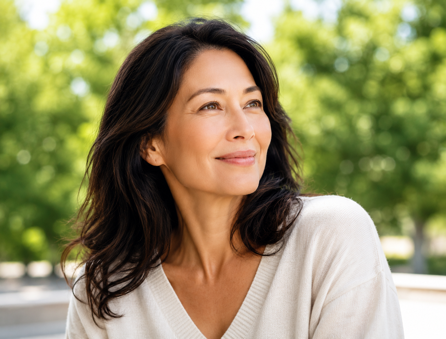 A woman with dark hair wearing a cream-colored knit sweater, looking thoughtfully to the side against a blurred green outdoor background.