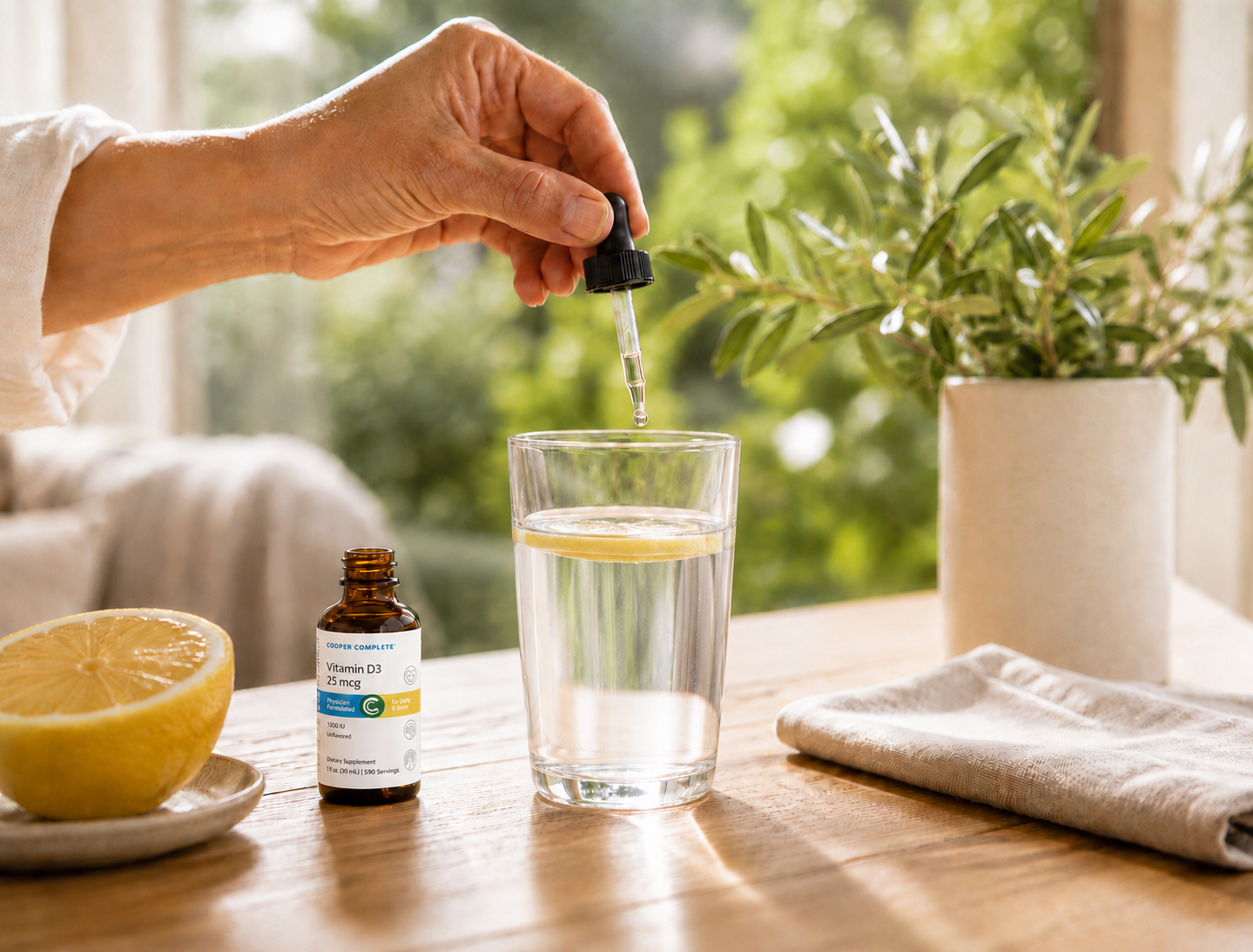 A bottle of Cooper Complete Vitamin D3 25 mcg Liquid Drops with dropper being added to a glass of lemon water in bright, natural light, supporting a daily wellness routine.