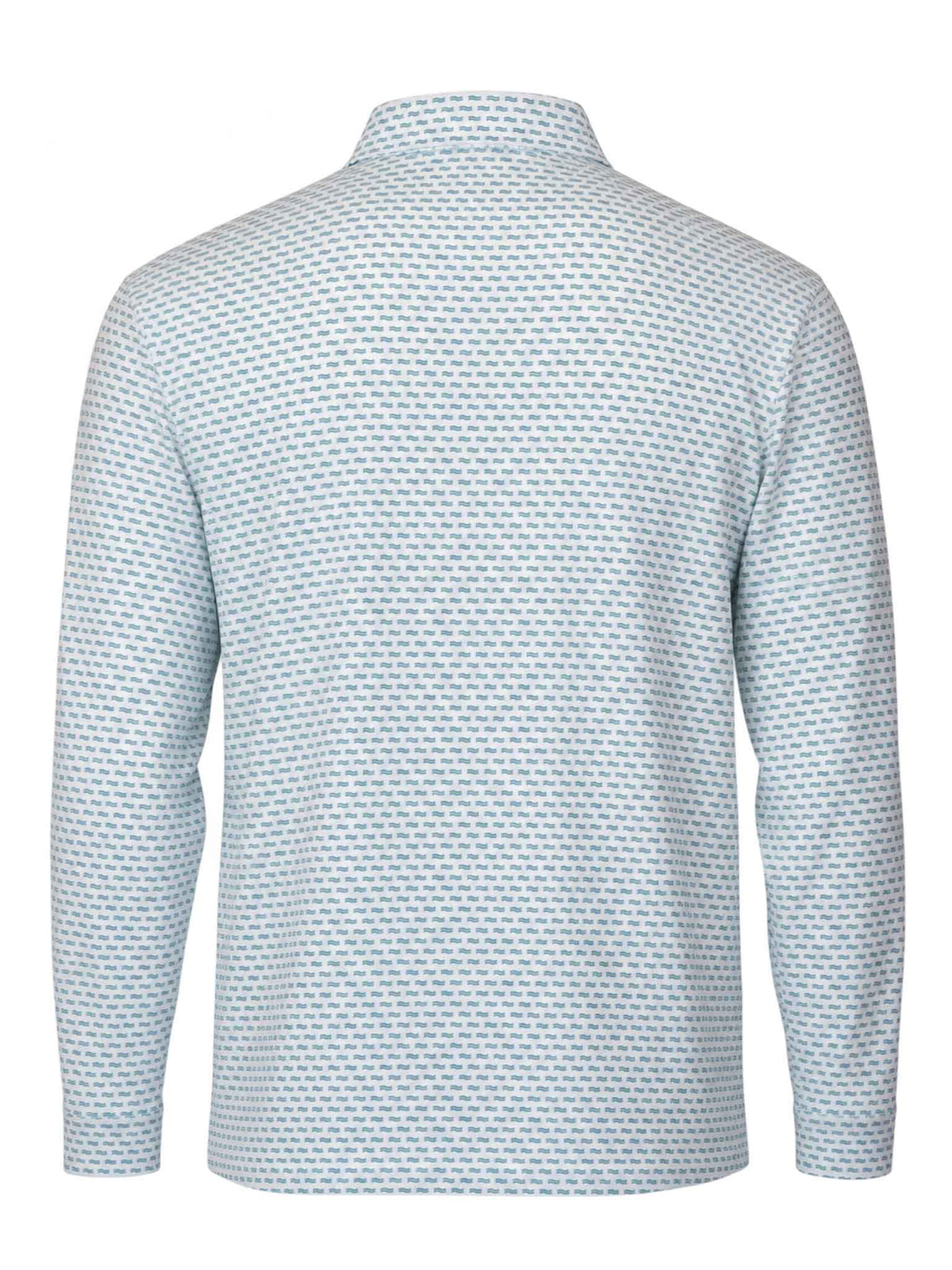 Back view of the Be Fit Men's Wavy Print Long Sleeve Polo in White and Jasper. 