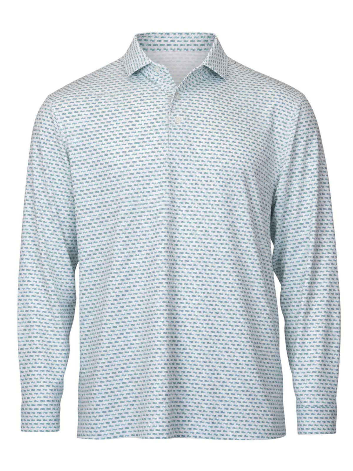 Front view of the Be Fit Men's Wavy Print Long Sleeve Polo in White and Jasper. 