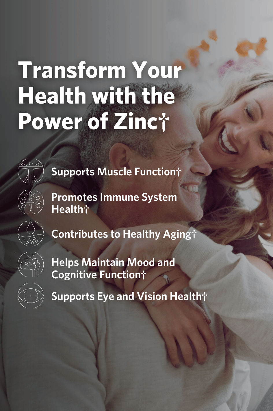 Smiling couple against a blurred, with text about Cooper Complete Zinc supplement benefits.