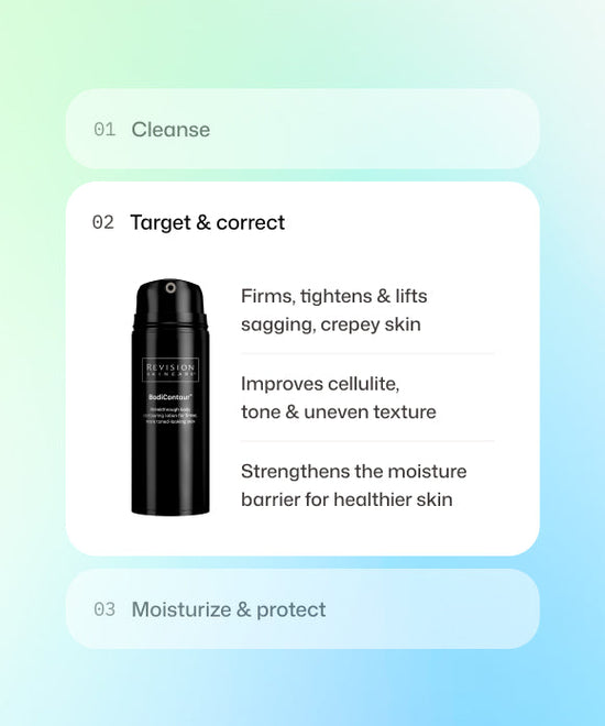 Step 2 of skincare routine using Revision Skincare BodiContour to firm skin, improve cellulite and strengthen the moisture barrier for healthier skin.