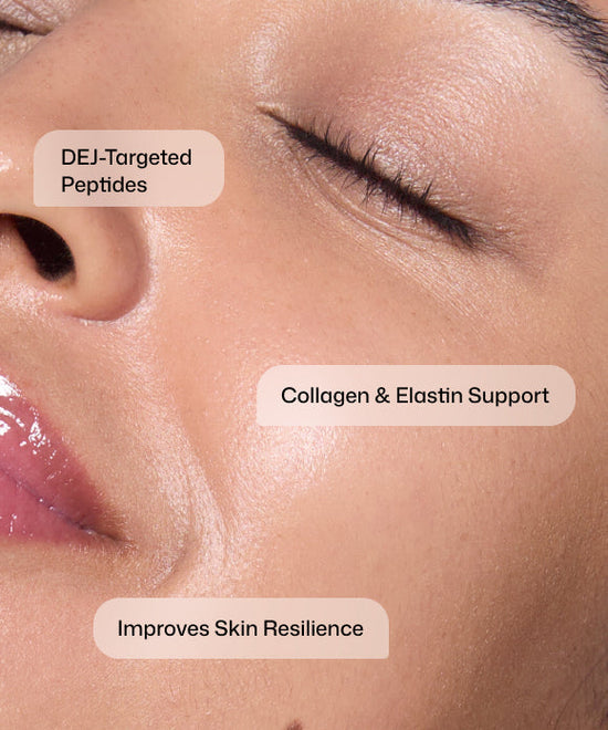 Close up of woman using Revision Skincare DEJ Face Cream with DEJ-targeted peptides for collagen and elastin support and improved skin resilience. 