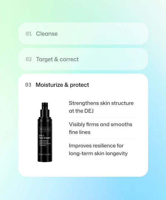 Step 3 of skincare routine with Revision Skincare DEJ Face Cream to strengthen skin structure, visibly firm and smooth and improve resilience. 