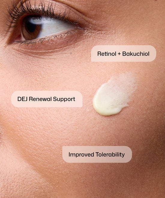 Close up of woman using Revision Skincare DEJ Night Face Cream with retinol and bakuchiol for DEJ renewal support and improved tolerability. 