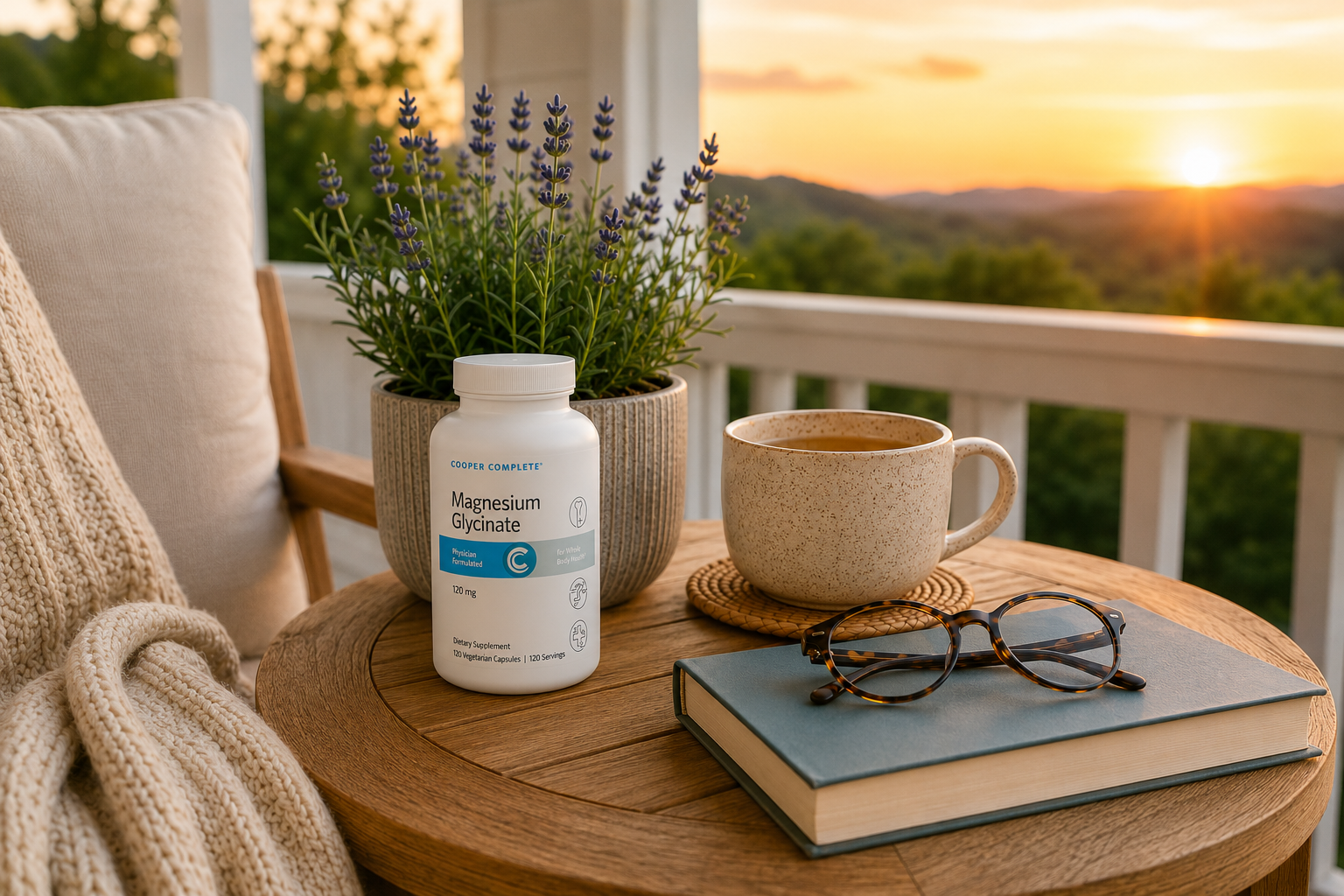 A bottle of Cooper Complete Magnesium Glycinate sits on a round wooden table on a porch at sunset, styled with a mug, glasses on a book, and a potted lavender plant.