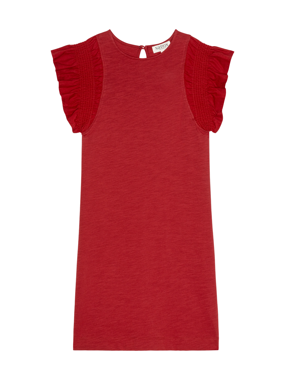 Nation Los Angeles Ellis Ruffle Sleeve Dress in Rio Red on a white background.