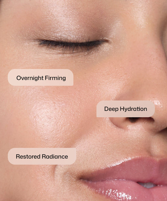 Close up of woman using Revision Skincare Firming Night Treatment for overnight firming, deep hydration and restored radiance. 
