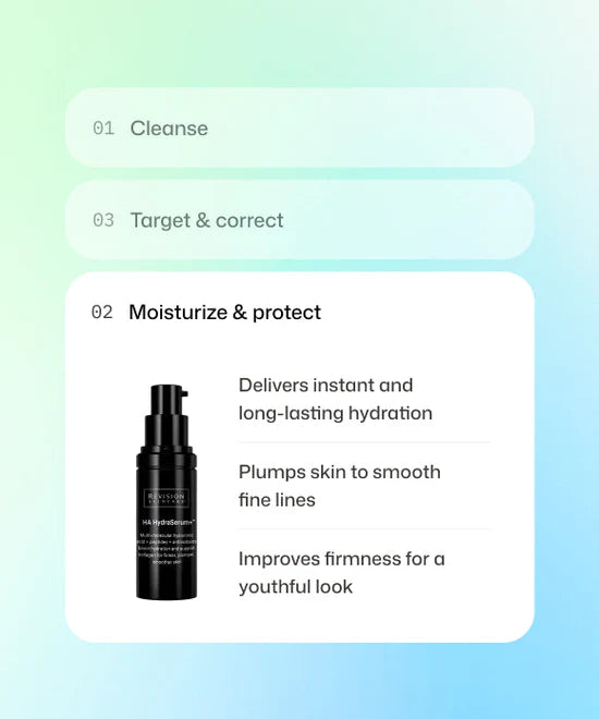 Step 2 of skincare routine using Revision Skincare HA HydraSerum+ for instant hydration, plump skin and improved firmness for a youthful look. 