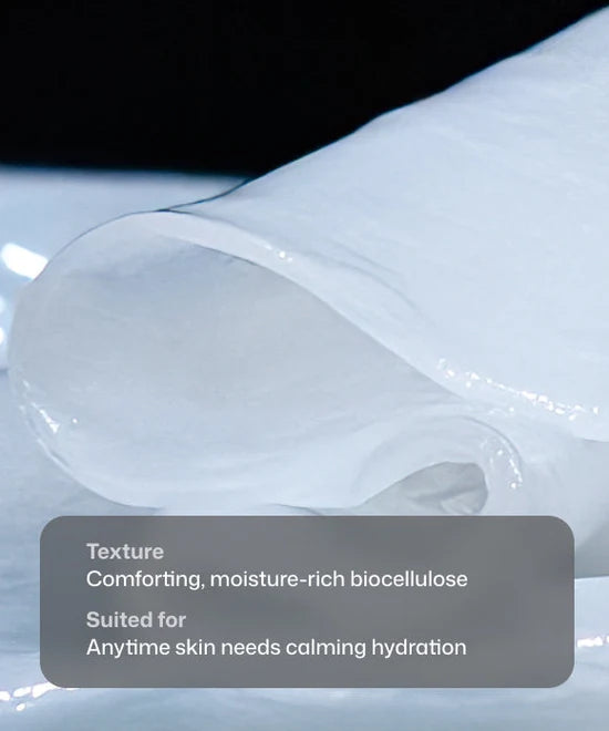 Close up of a comforting, moisture-rich Revision Skincare Hydrating Biocellulose Mask suited for anytime skin needs calming hydration. 