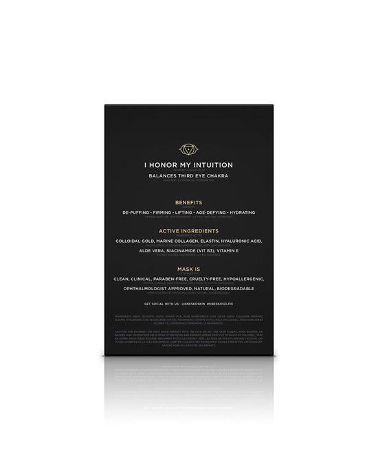 Back of KNESKO Gold Repair Eye Mask box listing benefits and active ingredients including colloidal gold, marine collagen, elastin, hyaluronic acid and niacinamide.