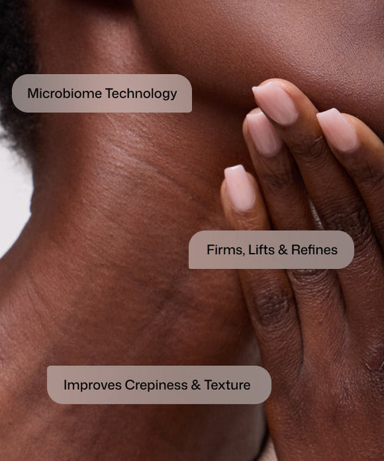 Close up of woman applying Revision Skincare Nectifirm Advanced with microbiome technology to firm, lift, refine and improve crepiness and texture. 