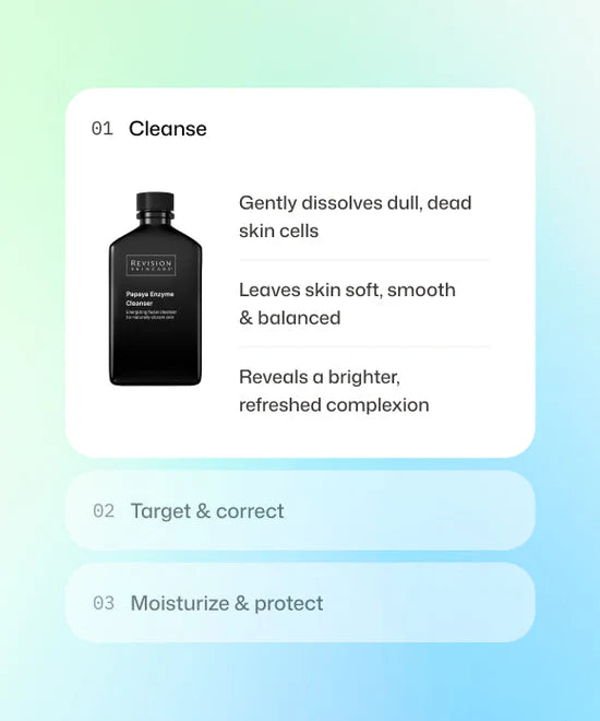 Step 1 of skincare routine using Revision Skincare Papaya Enzyme Cleanser to gentle dissolve dead skin cells, leave skin balanced and reveal a brighter complexion. 