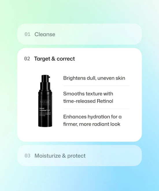 Step 2 of skincare routine using Revision Skincare Retinol Complete 1.0 to brighten skin, smooth texture and enhance hydration. 