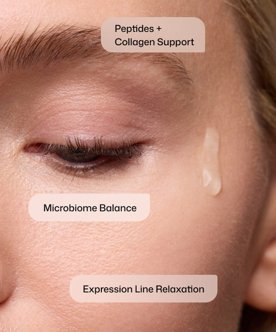 Close up of woman using Revision Skincare Revox Line Relaxer with peptides and collagen support for microbiome balance and expression line relaxation. 