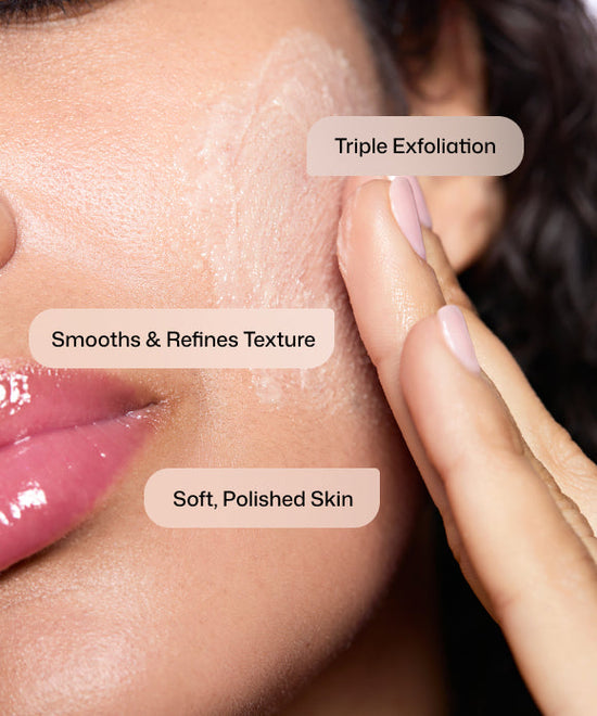 Close up of model with healthy skin featuring benefits of Revision Skincare Triple-Action Exfoliator: Triple Exfoliation, Smooths & Refines Texture and Soft, Polished Skin. 