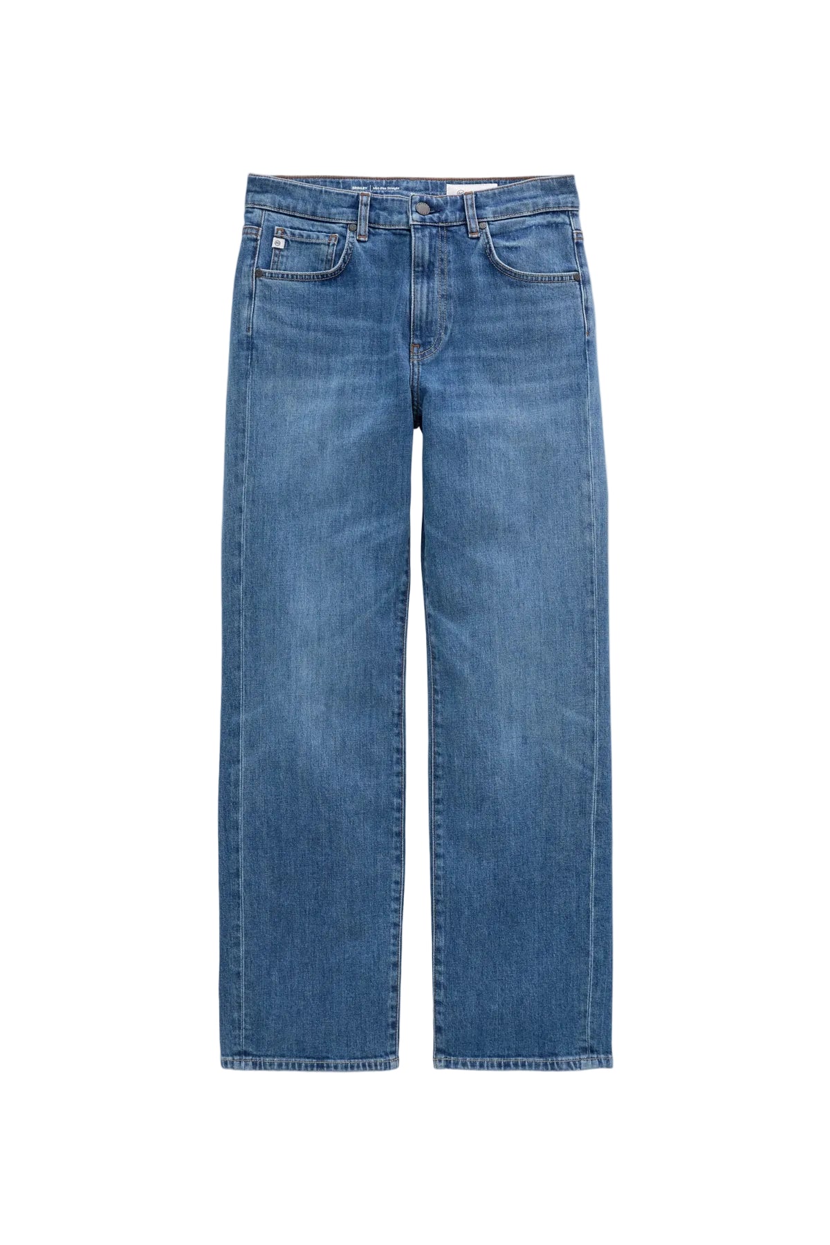 Front product view of the AG Jeans Brinley Mid-Rise Jean in Chord, showing its faded medium-blue wash and straight legs.
